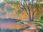 OBRAZ RĘCZNIE MALOWANY PEJZAŻ AKRYLOWY "TĘCZOWY STAW" - 24x30cm