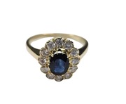 Złoty pierścionek z szafirem i diamentami 