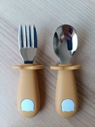 Sztućce do nauki samodzielnego jedzenia dla niemowląt żółte pom,brąz piask.