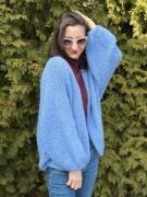 Kardigan oversize S/M alpaka z jedwabiem – rękodzieło, niebieski, fluffy,