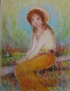 DZIEWCZYNA W OGRODZIE 28x14 pastel olejny