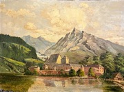 Obraz olejny "Pejzaż górski z miastem"