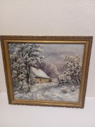 Pejzaż zimowy domek, obraz olejny M. Dzieciątko