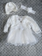 Bulsen Baby sukienka 74 perełki tiulowa tiul bolerko opaska czapka chrzest