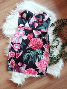 czarna mini krótka kwiecista sukienka w róże kwiaty 38M imprezowa wzor