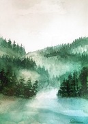 Obrazek akwarela krajobraz pejzaż las we mgle