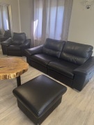 Komplet wypoczynkowy z funkcją relaksu skóra czarny - sofa, fotel i pufa 