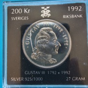 200 koron 1992 Szwecja 200 lat śmierci Gustawa III  Ag 0,925 waga 27 g