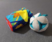 Miękka piłeczka z dzwonkiem + pojemnik z kolorowymi chusteczkami