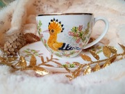 Barwny ręcznie malowany komplet  dudkiem 300ml. talerzyk + filiżanka