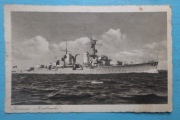 Niemiecki lekki krążownik Karlsruhe=pocztówka z 1943r znaczek Hitler