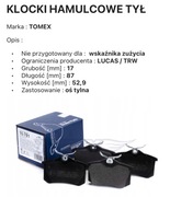 Tomex TX 10-781 Zestaw klocków hamulcowych, hamulce tarczowe