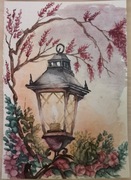 Akwarela ręcznie malowana - Lampa w ogrodzie