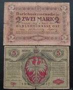 4szt: 2 i 1000 marek Kowno 1918r, 5 Mkp 1916r Biletów i 5Mkp 1919 0bieg