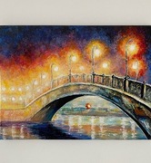 Most w nocy obraz ręcznie malowany abstrakcyjny.