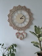 Zegar ścienny duży XL makrama boho sklejka drewno liście listki piórka