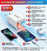 Szybka Ładowarka 3w1 40W 2xUSB-C + USB-A Power Delivery QC 3.0 3 Urządzenia