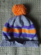 Czapka wełniana zimowa handmade szara w paski fiolet pomarańczowyokazja