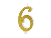 Świeczka urodzinowa Cyferka "6", złoty, 10 cm, PartyDeco
