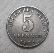 Niemcy Weimarska Republika 5 fenigów pfennig 1921 A Berlin Prusy KM# 19 Fe