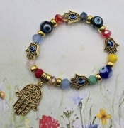 Ręka Fatimy Oko Proroka Evil Eye złota kolorowa bransoletka kryształki