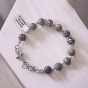 Bransoletka JASPIS SZARY Z Krzyżem +zapięcie Metalowy łańcuszek 