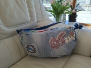 Nowa torba z recykla polokragla jeans z naszywkami handmade