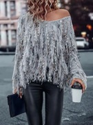 Sweter włochacz oversize fredzelki szary zloto S M L