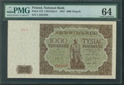 1 000 złotych z 1947 roku. Ser. Ł. Grading PMG 64 Choice Uncirculated.