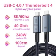 Kabel USB-C 4.0 Thunderbolt 4 8k/60hz 40Gb/s 240W PD 1m
