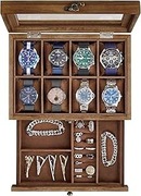 Pudełko na zegarki i biżuterię, lite drewno, 8 przegródek, szklana pokrywka