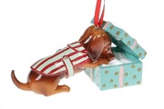 Ozdobna wisząca figurka psa z prezentem, wys. 10,3