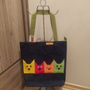 4 KOLOROWE KOTY - nowa torba torebka na zamek z jeansu-rękodzieło handmade