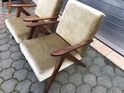 Komplet oliwkowych foteli Lisek PRL po renowacji, lata 70.