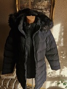 Kurtka damska czarna długa z kapturem z futerkiem M/L