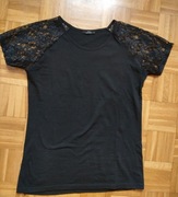 Czarna koszulka t-shirt z koronką bawełna 