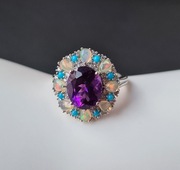 Pierścionek srebro 925, ametyst, turkus i opale