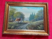 Stary obraz na płótnie sygnowany pejzaż domek w lesie   .