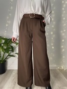 Długie szerokie spodnie z wysoki stan brązowe wide leg nogawki eleganckie