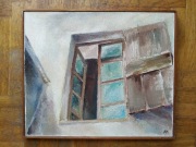 Obraz olejny, okno, obity listwą, 47x56cm