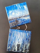 W Deszczu Komplet Obrazy Olejne 2x 20x20 Impasto Para Rozstanie Smutek