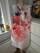 XXL 44 szara różowa koralowa sukienka we wzór kwiaty na wesele koktajlowa