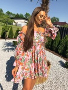 Rozkloszowana sukienka hiszpanka w egzotyczne kwiaty - La Diva - S/M