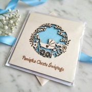 Kartka Drewniana Pamiątka Chrztu Świętego Laserowa Wózek Kwiaty Cyrkonie 