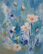 Letnie kwiaty w niebieskiej palecie. Olej 50*40 cm