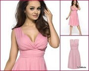 Elegancka sukienka szyfonowa pudrowy róż, rozmiar 40 (L), nowa z metkami