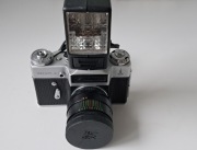 Aparat Zenit-E + obiektyw Helios 44-2 58mm+ lampa błyskowa USSR Vintage PRL