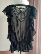 Piękna Czarna bluzka boho falbany haft M 38 stylowa casual vintage