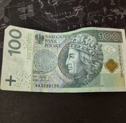 Banknot 100 złoty nr seryjny AA4398105