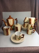 Korea DPRK serwis kawowy 6 osobowy porcelana vintage PRL drzewo rustykalny